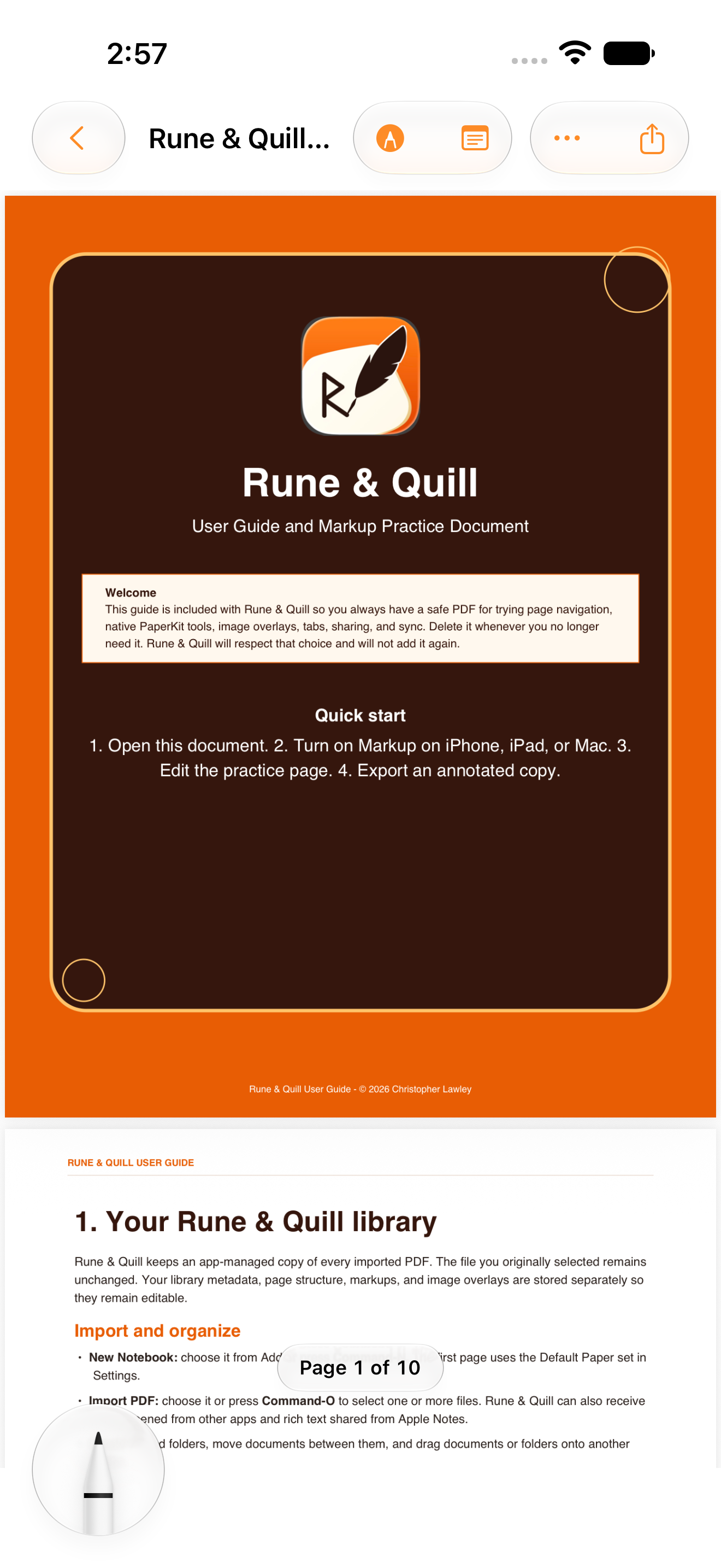 Rune & Quill displaying a PDF on iPhone with markup controls