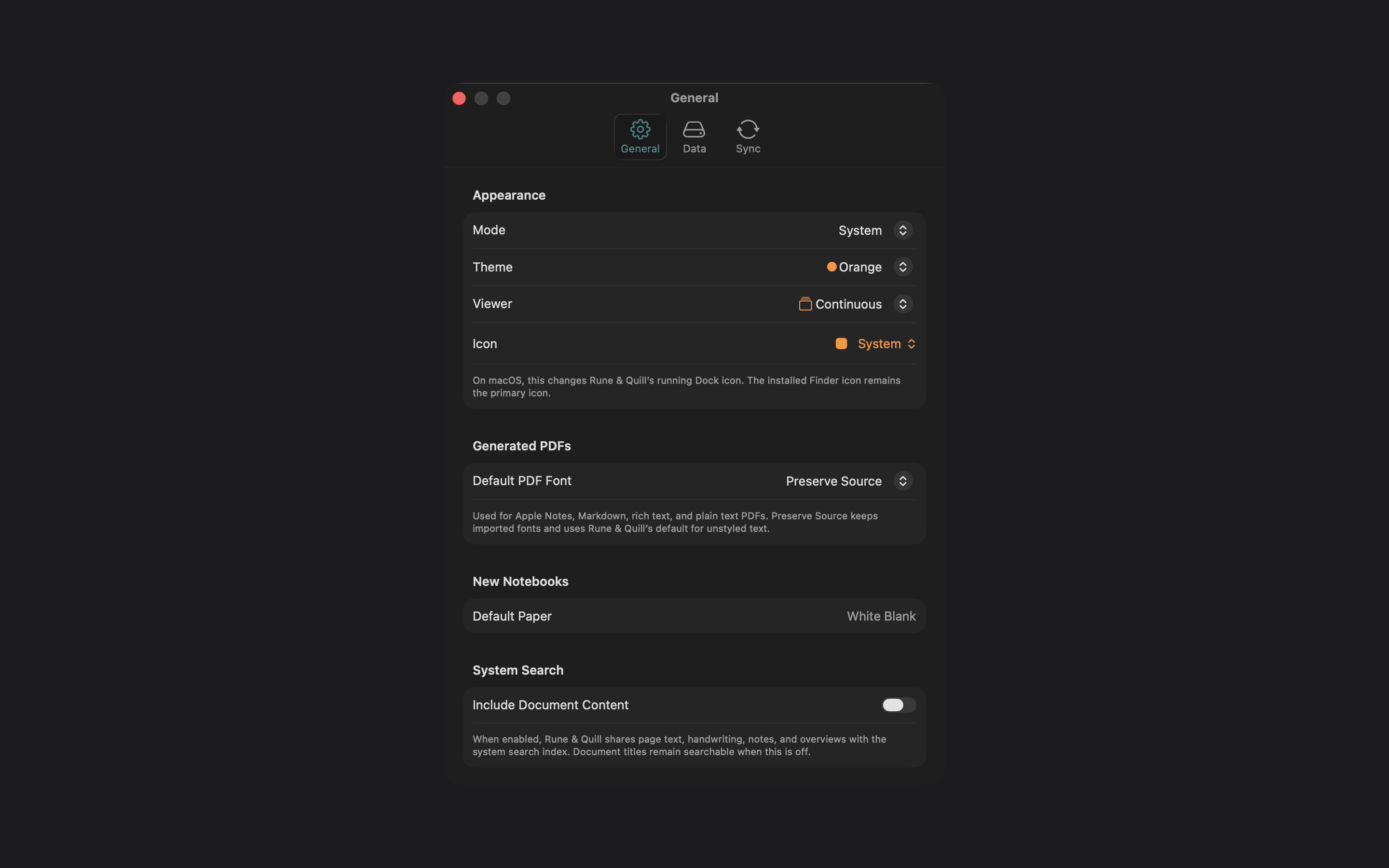 Rune & Quill settings window on Mac
